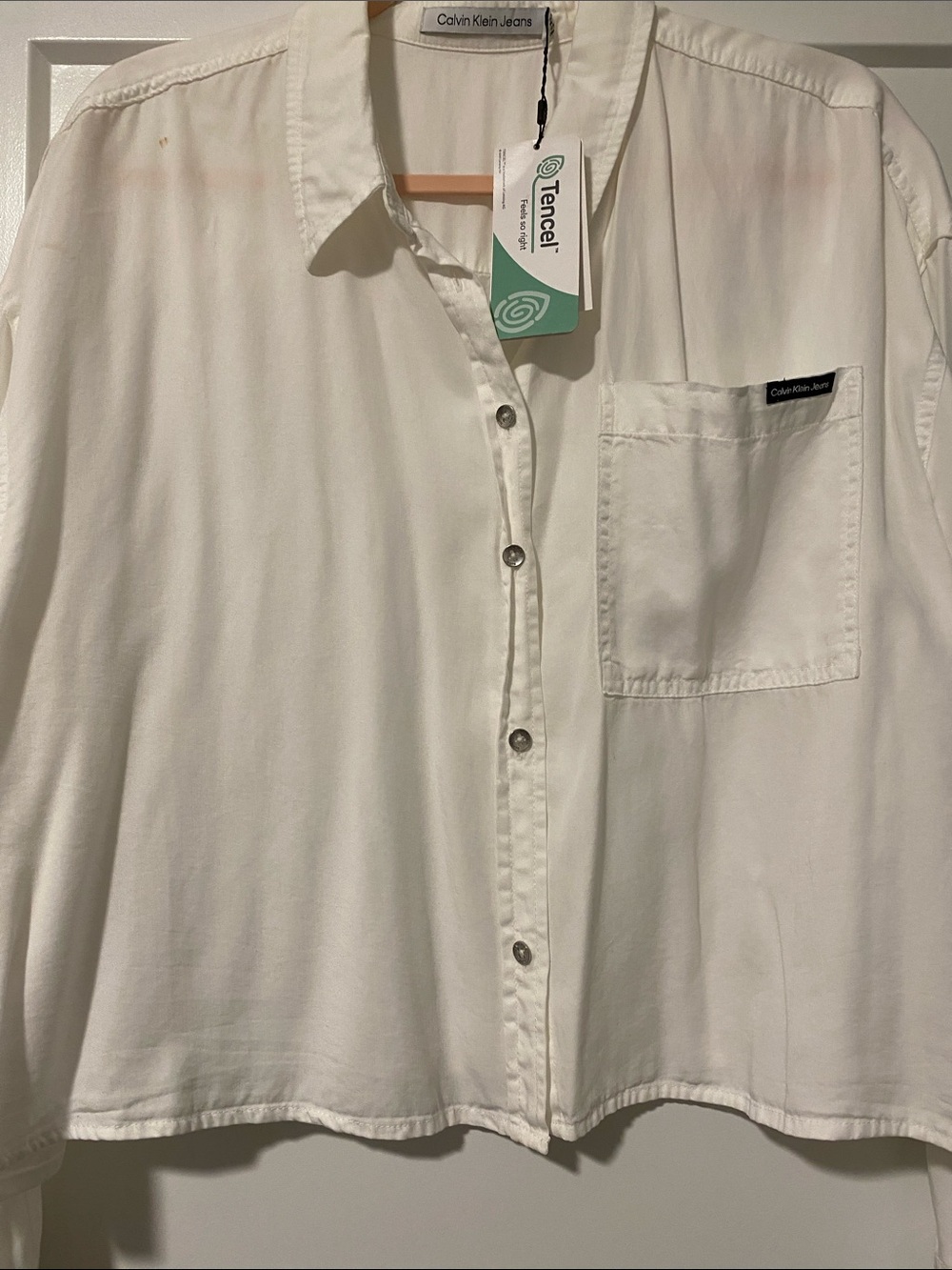 NWT Calvin Klein Jeans Women's White Button-Down Pocket Shirt 100% Tencel